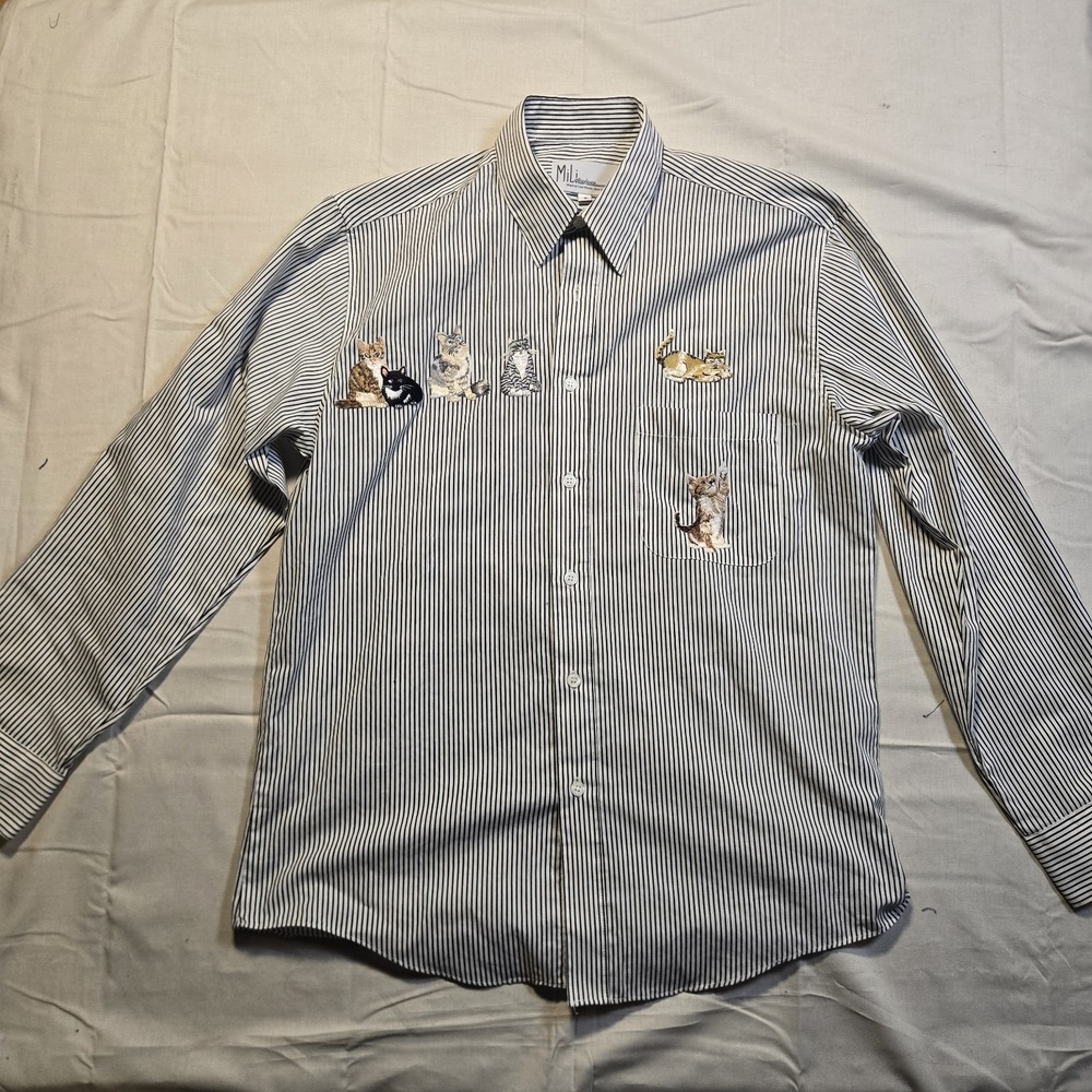 Mili Designs Black & White Stripe Button Up Shirt Cats & Rhinestone Studs Small